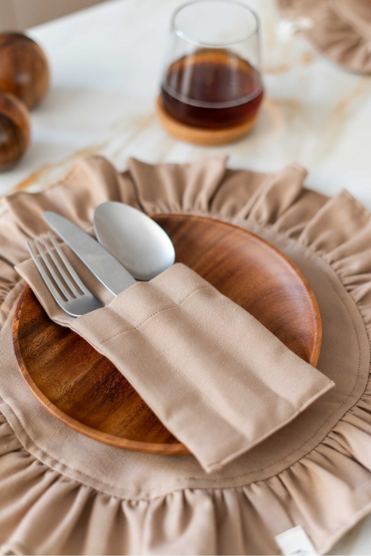 6Lı %100 Dak Keten 3 Bölmeli Kaşıklık / Çatal-Kaşık-Bıçak Kılıfı