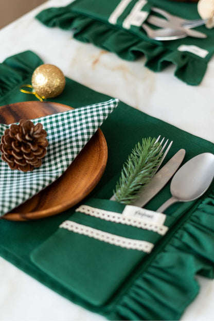 2li %100 Dak Keten Dantel Detaylı 2 Bölmeli Kaşıklık / Peçetelik / Çatal-Kaşık-Bıçak Kılıfı Yeşil