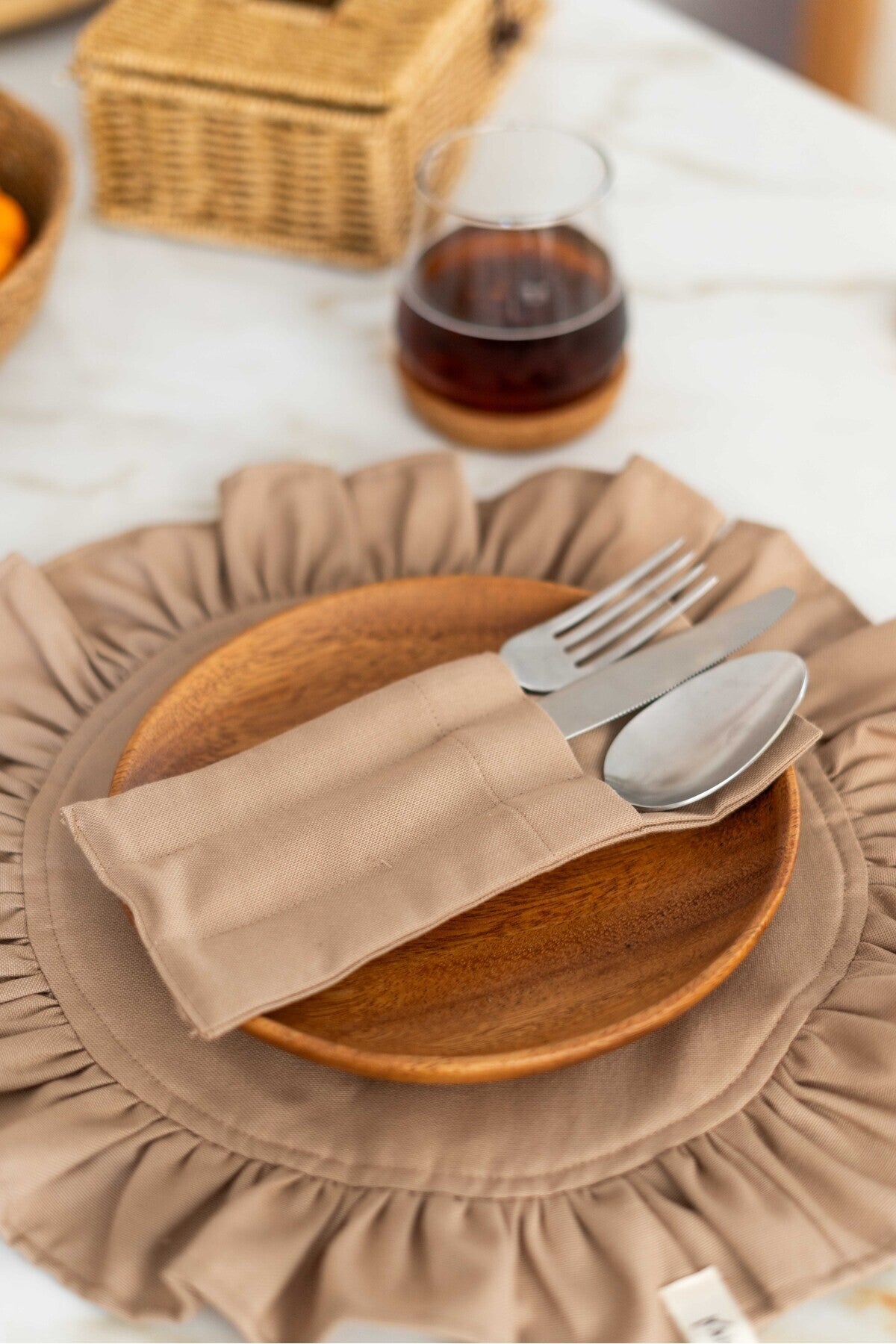 6Lı %100 Dak Keten 3 Bölmeli Kaşıklık / Çatal-Kaşık-Bıçak Kılıfı