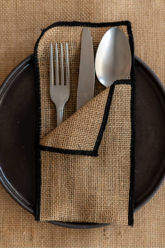 4Lü Jüt Kumaş Siyah Detaylı Bölmeli Kaşıklık / Peçetelik