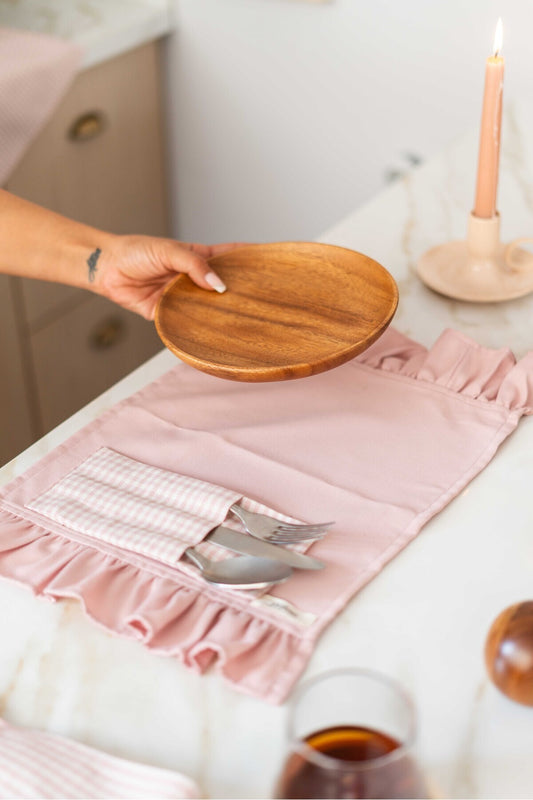 2Li %100 Dak Keten Fırfır Detaylı Amerikan Servis/ Supla PEMBE