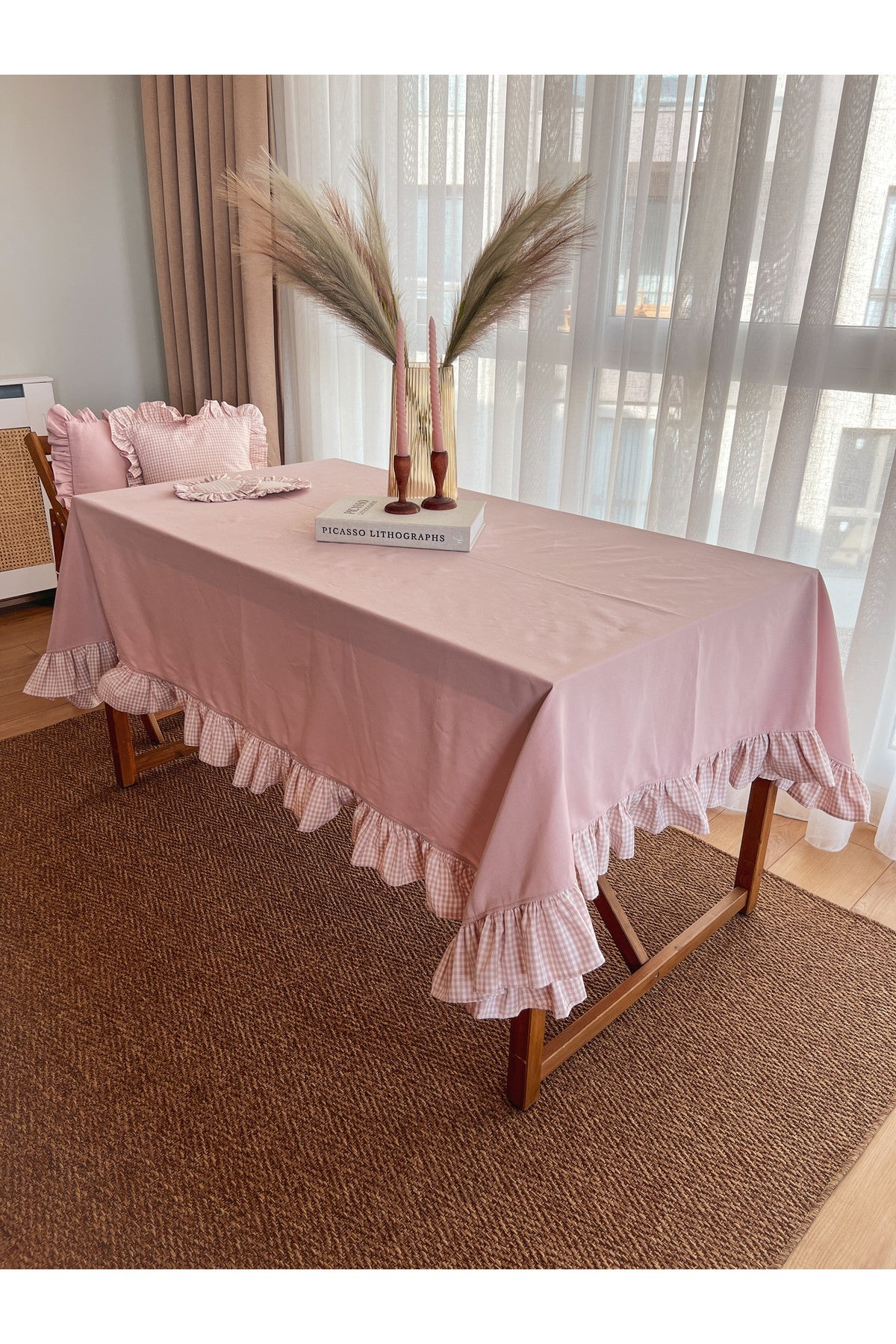 Rosy Keten Fırfırlı Masa Örtüsü 160x220cm Pembe