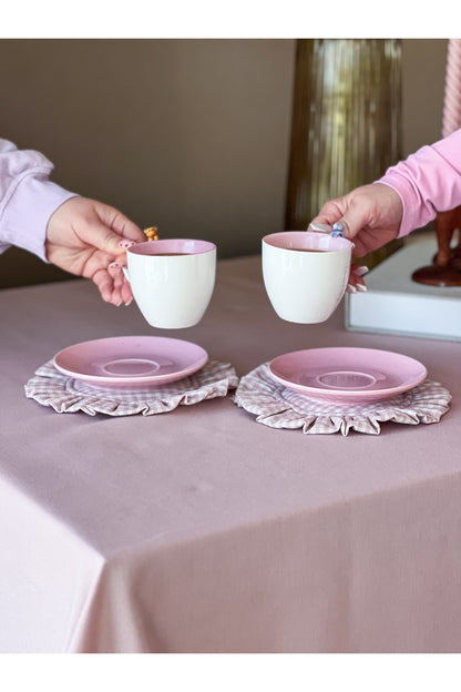 Rosy Keten Kareli Fırfırlı Bardak Altlığı Pembe