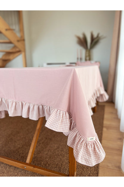 Rosy Keten Fırfırlı Masa Örtüsü 160x220cm Pembe
