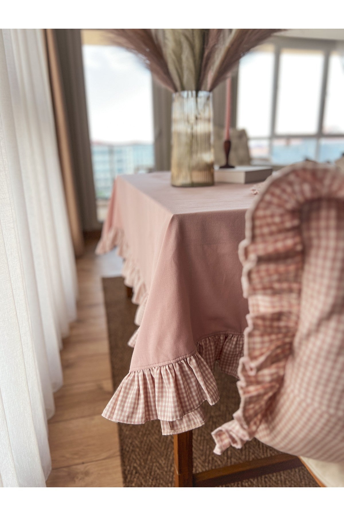 Rosy Keten Fırfırlı Masa Örtüsü 160x220cm Pembe
