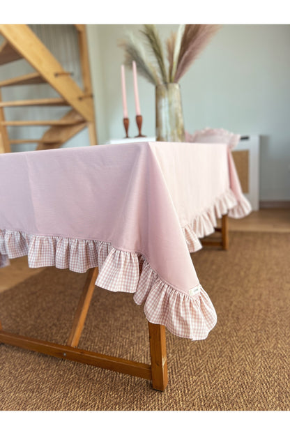 Rosy Keten Fırfırlı Masa Örtüsü 160x220cm Pembe