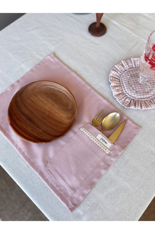 Rosy  2Li Cep Detaylı Keten Amerikan Servis/ Supla Pembe