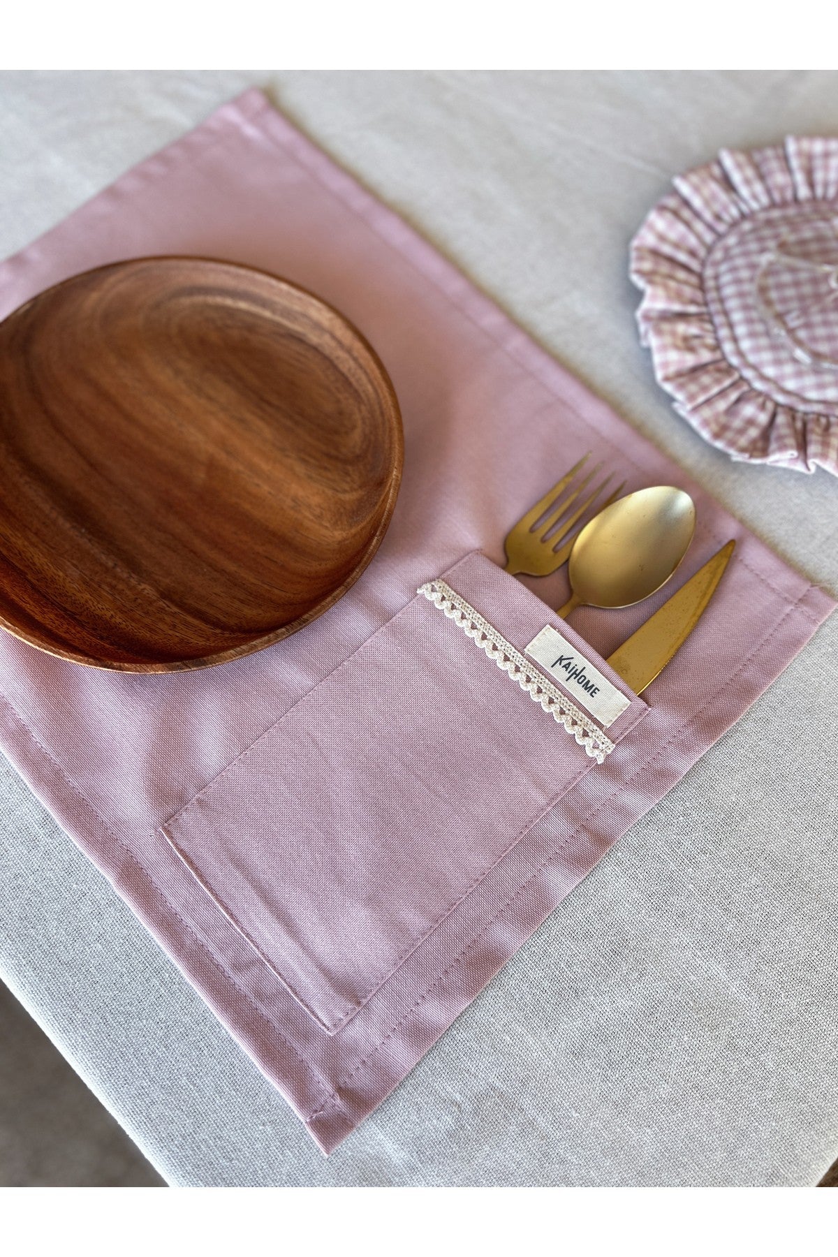 Rosy  2Li Cep Detaylı Keten Amerikan Servis/ Supla Pembe