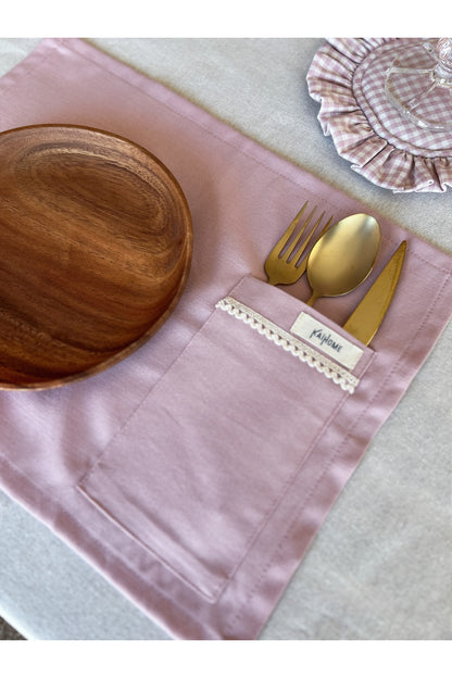 Rosy  2Li Cep Detaylı Keten Amerikan Servis/ Supla Pembe