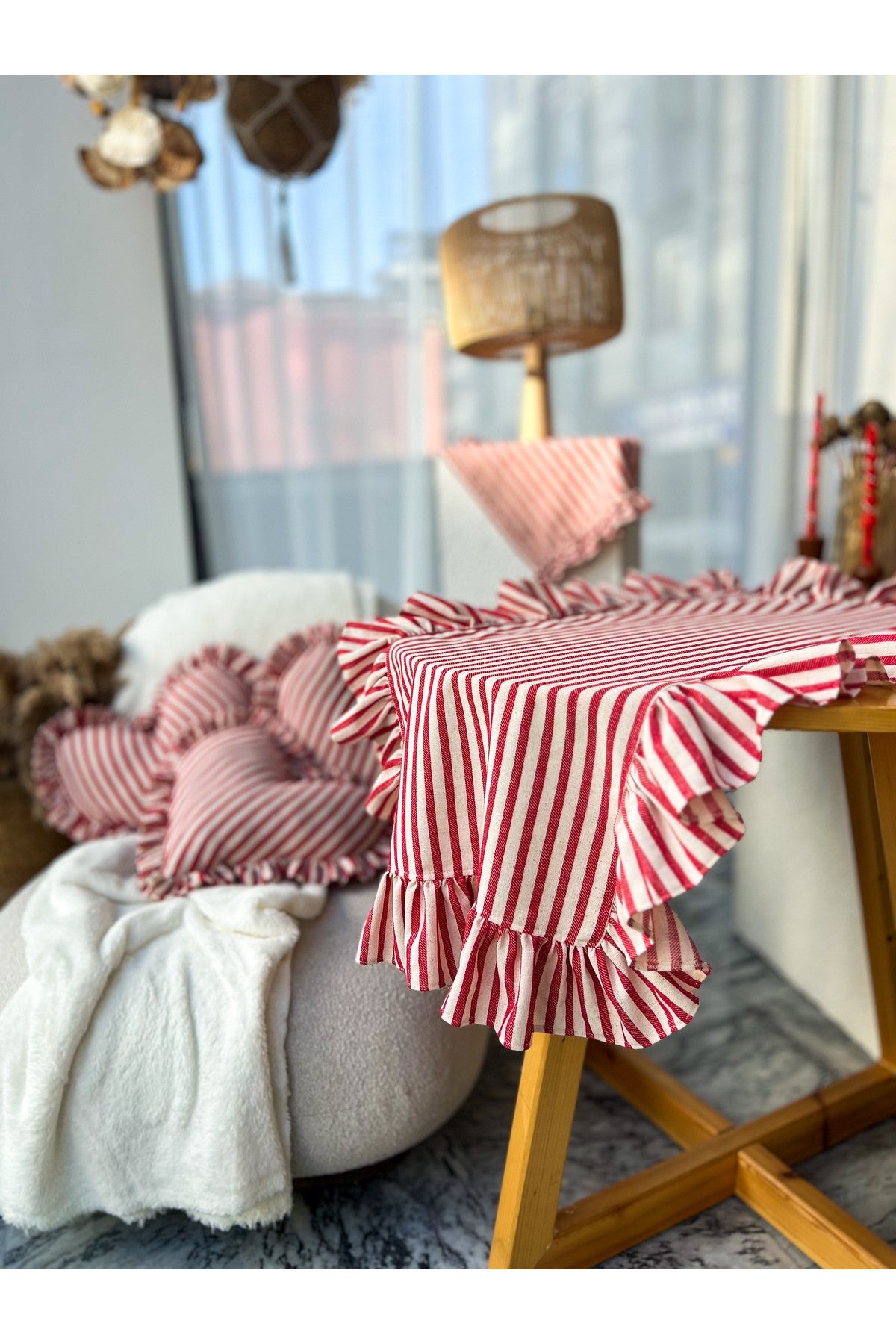 LOVELY Çizgili Fırfırlı Keten Runner