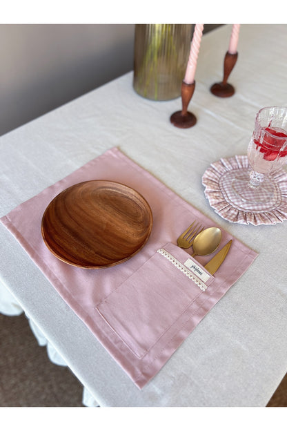 Rosy  2Li Cep Detaylı Keten Amerikan Servis/ Supla Pembe