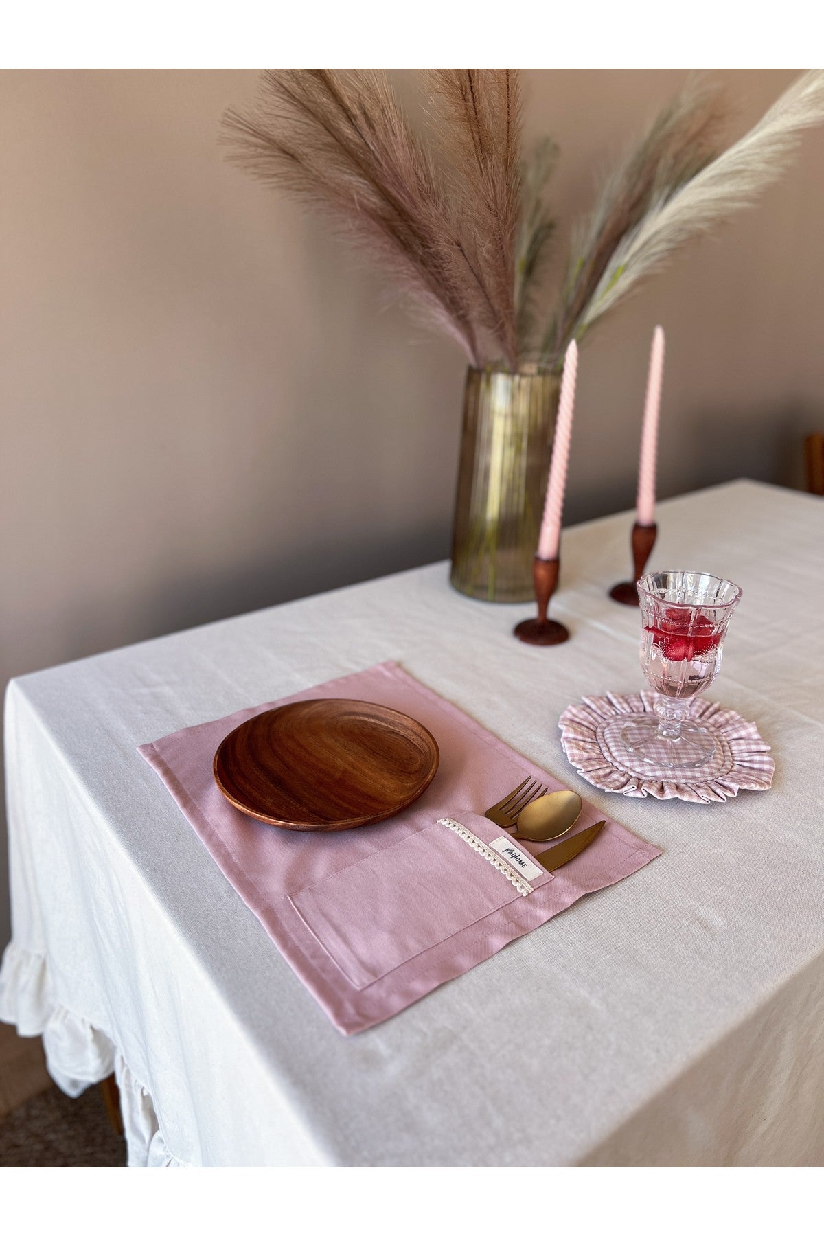 Rosy  2Li Cep Detaylı Keten Amerikan Servis/ Supla Pembe