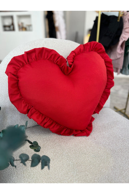 Lovely Kalp Fırfırlı Keten İç Dolgulu Yastık / Kırlent