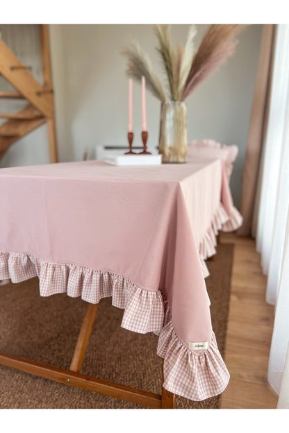 Rosy Keten Fırfırlı Masa Örtüsü 160x220cm Pembe