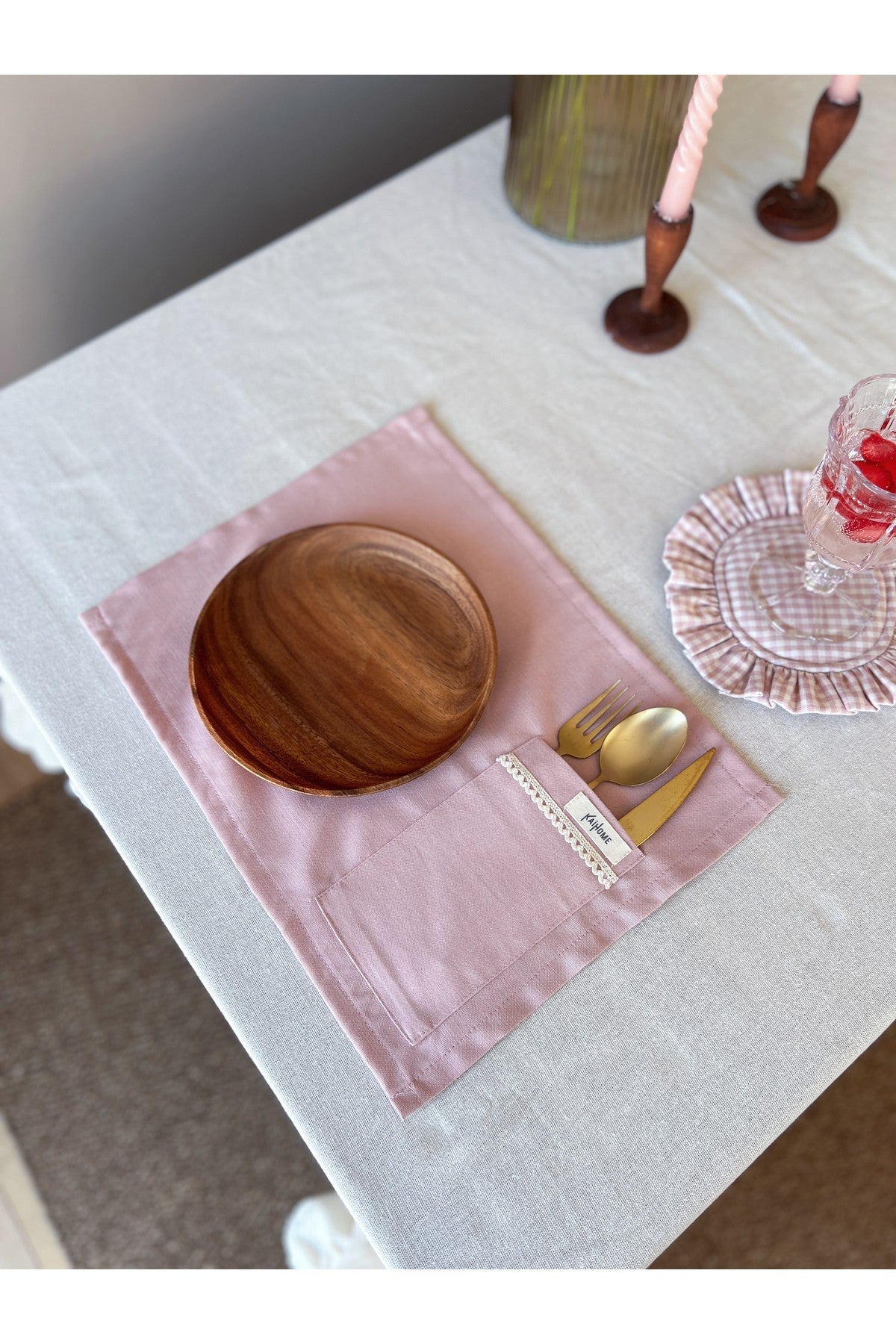 Rosy  2Li Cep Detaylı Keten Amerikan Servis/ Supla Pembe