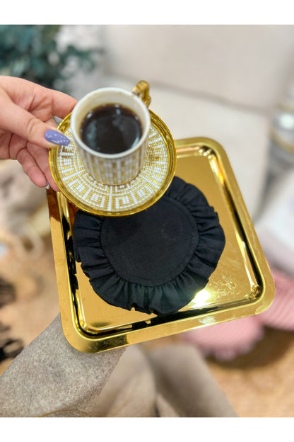 Shine Keten  Fırfırlı Bardak Altlığı Siyah