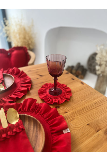 Lovely Keten Dolgulu Fırfırlı Bardak Altlığı Kırmızı