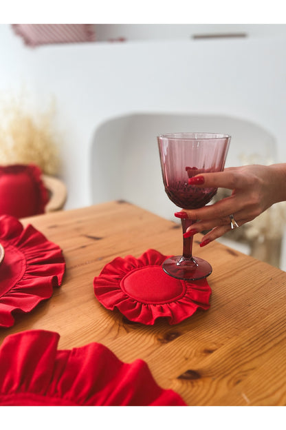 Lovely Keten Dolgulu Fırfırlı Bardak Altlığı Kırmızı