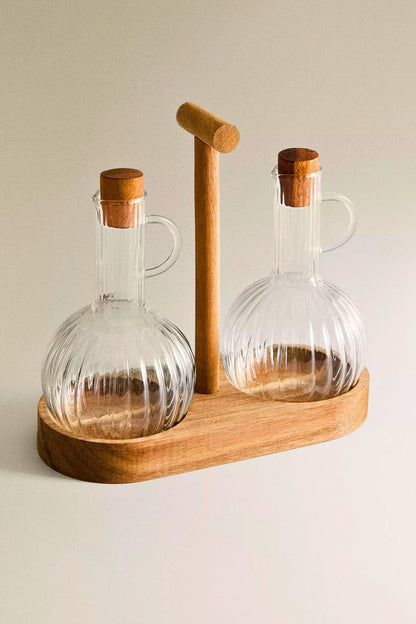 Borosilikat Cam ve Bambu Yağlık & Sirkelik Seti – 2'li, Doğal Ahşap Standlı, Şık Tasarım