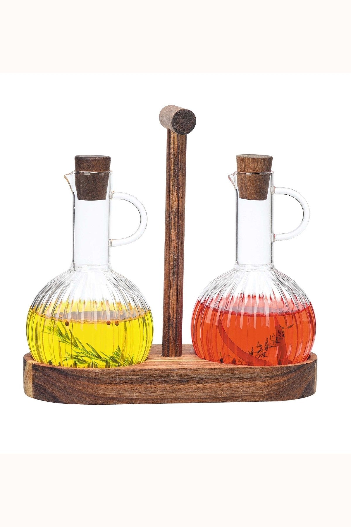 Borosilikat Cam ve Bambu Yağlık & Sirkelik Seti – 2'li, Doğal Ahşap Standlı, Şık Tasarım