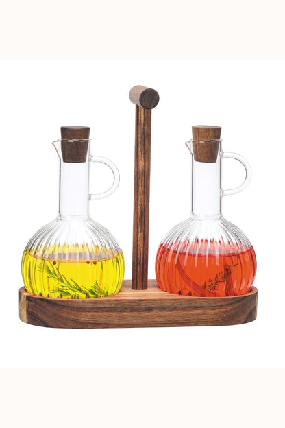Borosilikat Cam ve Bambu Yağlık & Sirkelik Seti – 2'li, Doğal Ahşap Standlı, Şık Tasarım