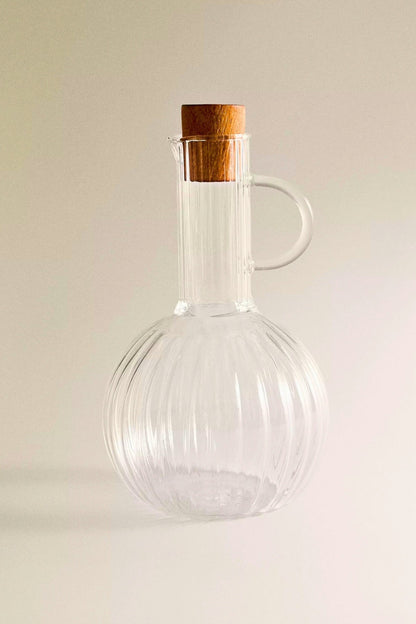 Borosilikat Cam ve Bambu Yağlık & Sirkelik Seti – 2'li, Doğal Ahşap Standlı, Şık Tasarım