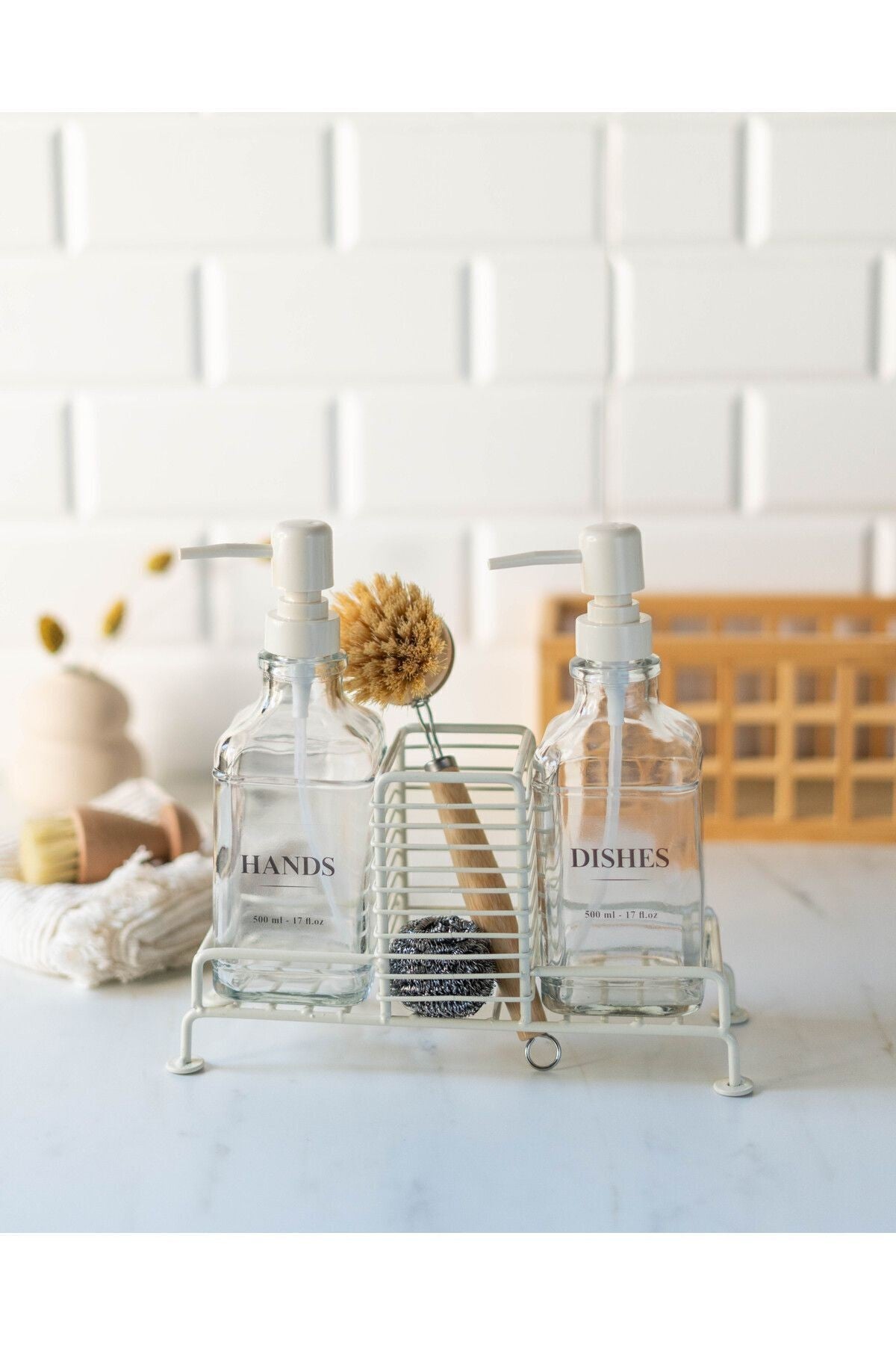 2Li Standlı Krem Sabunluk Seti (Hands, Dishes)