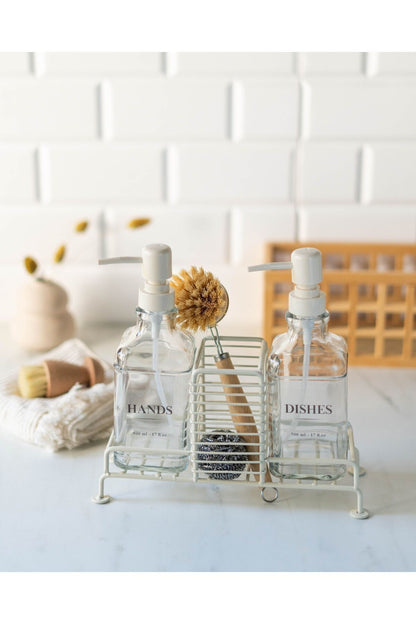 2Li Standlı Krem Sabunluk Seti (Hands, Dishes)