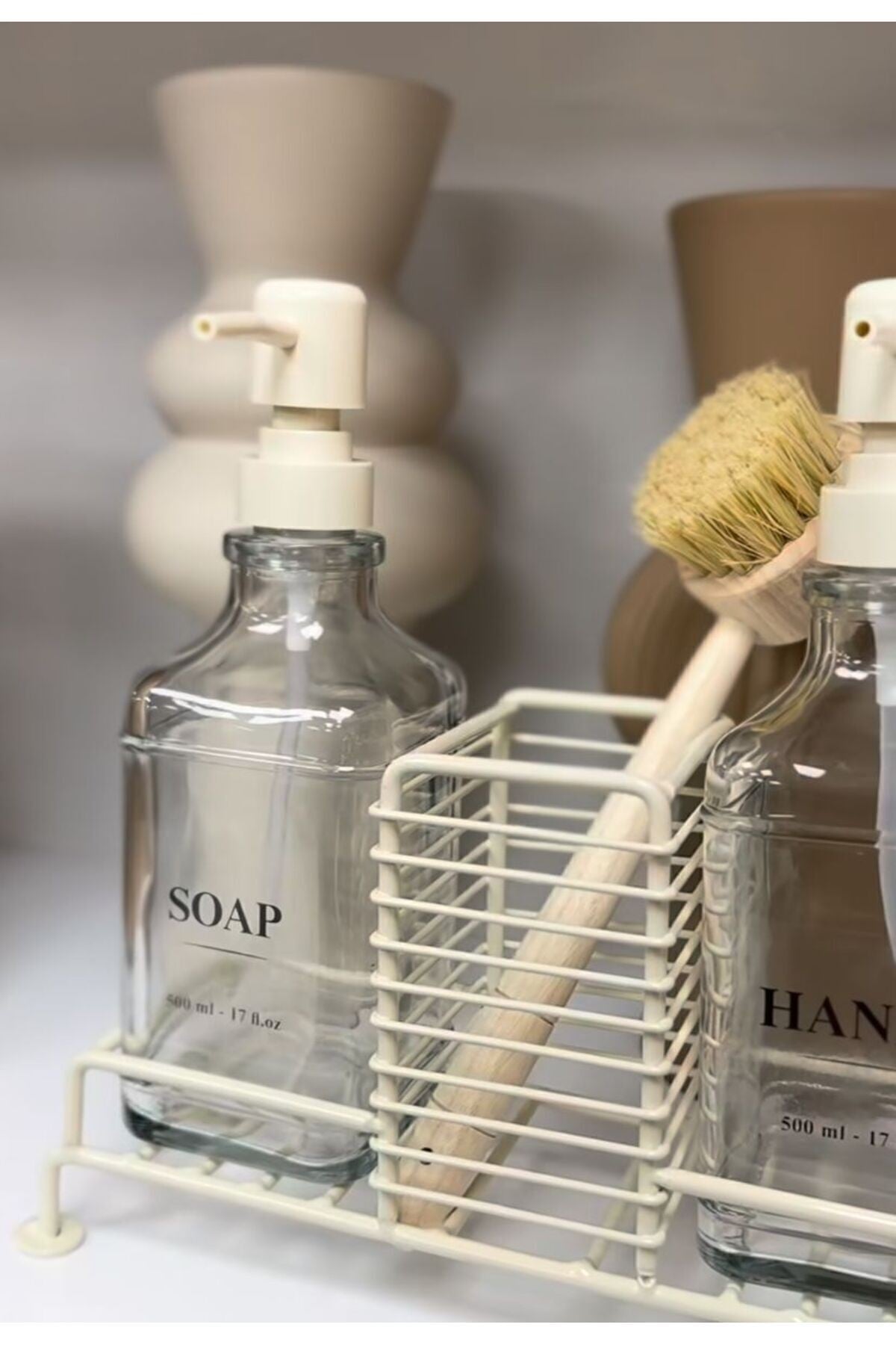 2Li Standlı Krem Sabunluk Seti (Hands, Dishes)