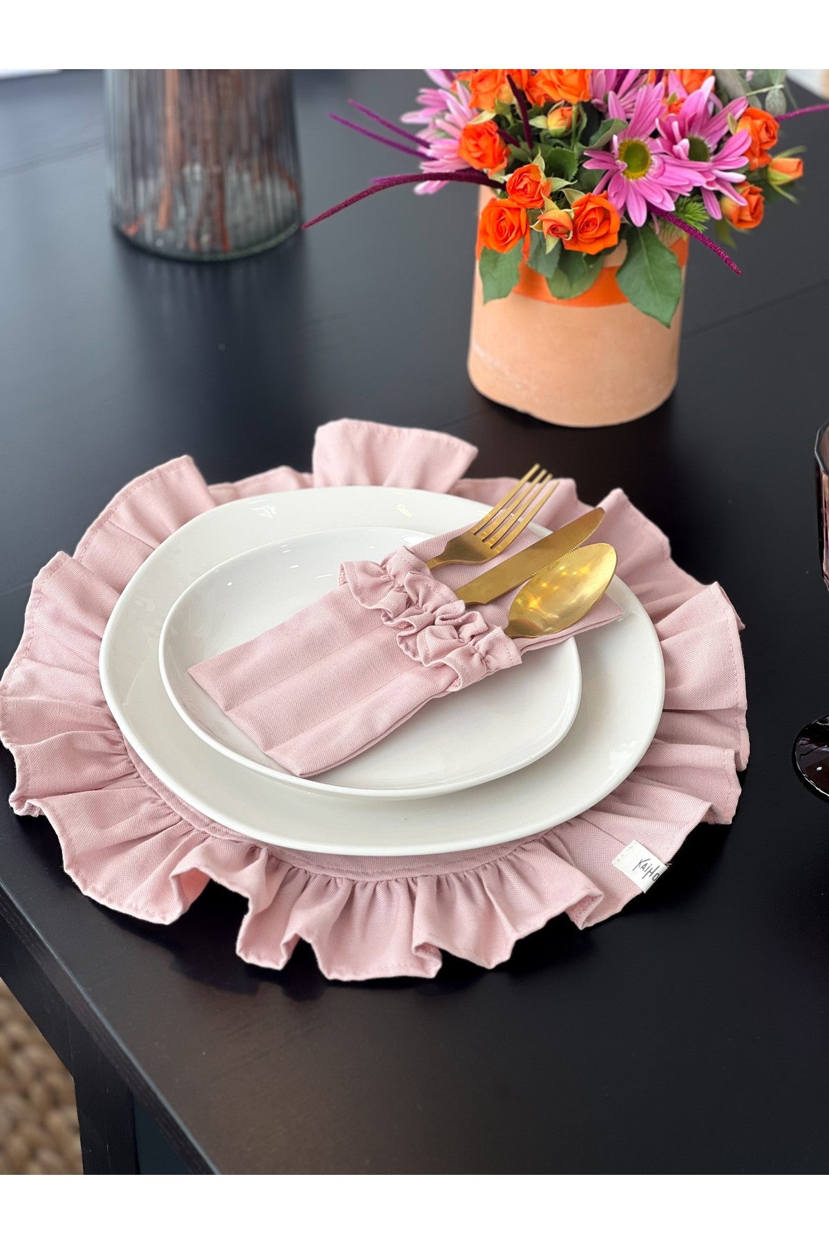 Rosy Fırfırlı 3 Bölmeli Çatal-Kaşık-Bıçak Kılıfı 6Lı