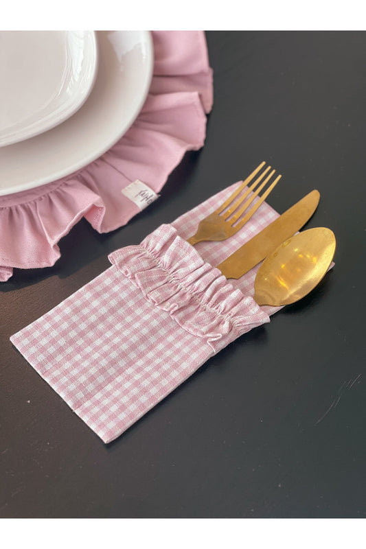 Rosy Kareli Fırfırlı 3 Bölmeli Çatal-Kaşık-Bıçak Kılıfı 4LÜ