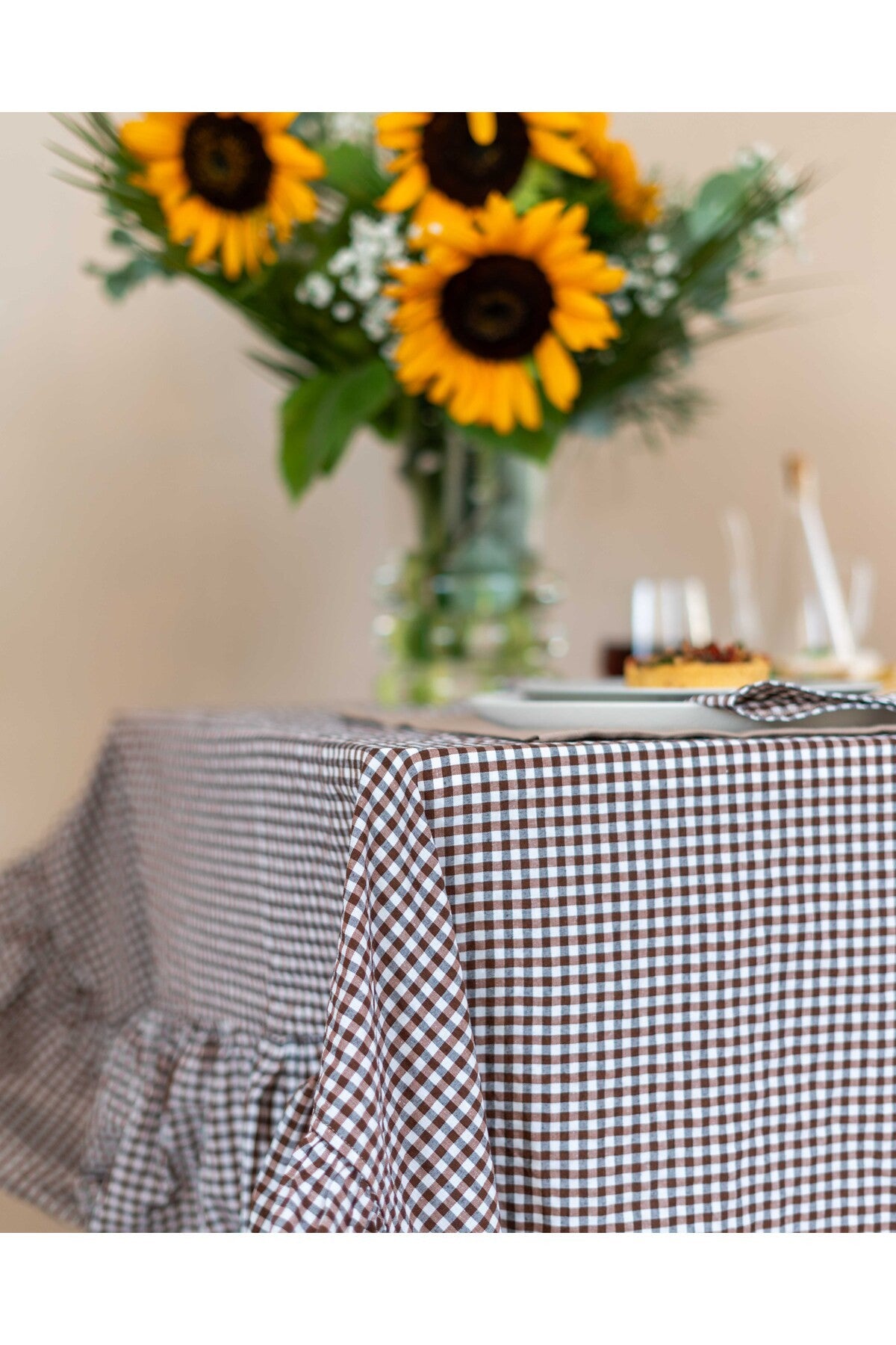 Madras Kahverengi Kareli Fırfırlı Masa Örtüsü / Piknik Örtüsü 160x220