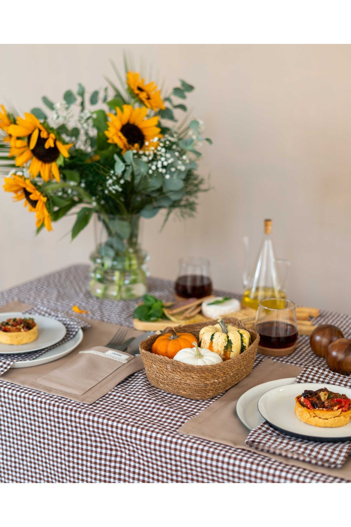 Madras Kahverengi Kareli Fırfırlı Masa Örtüsü / Piknik Örtüsü 160x220