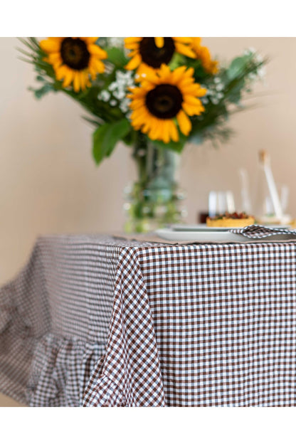 Madras Kahverengi Kareli Fırfırlı Masa Örtüsü / Piknik Örtüsü 160x220