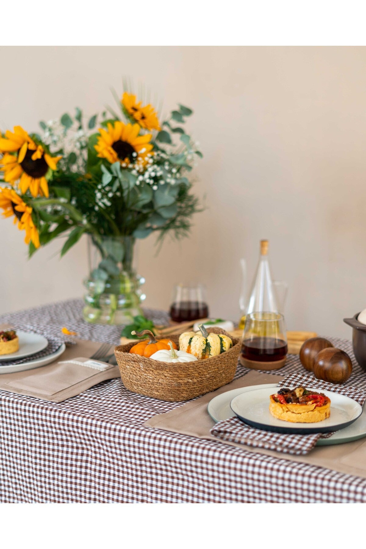 Madras Kahverengi Kareli Fırfırlı Masa Örtüsü / Piknik Örtüsü 160x220