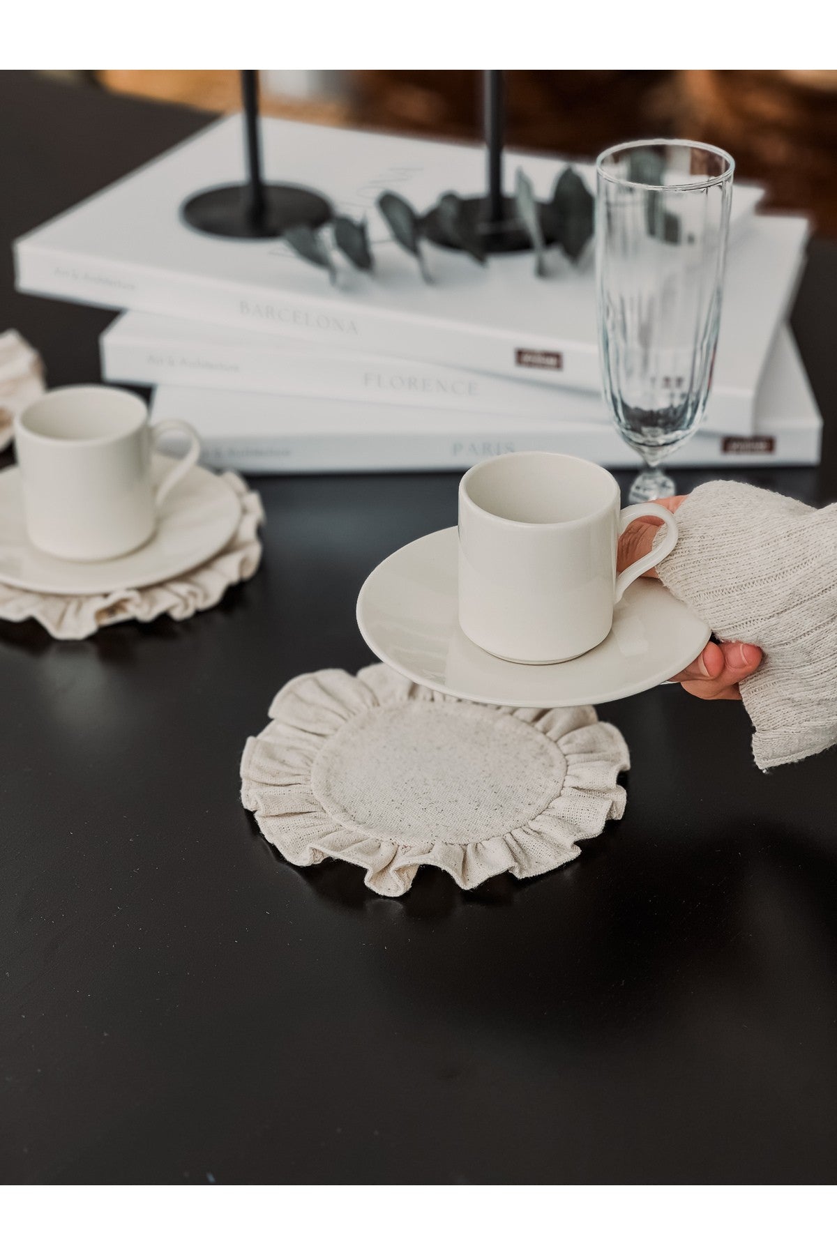 Ham Keten Fırfırlı Bardak Altlığı