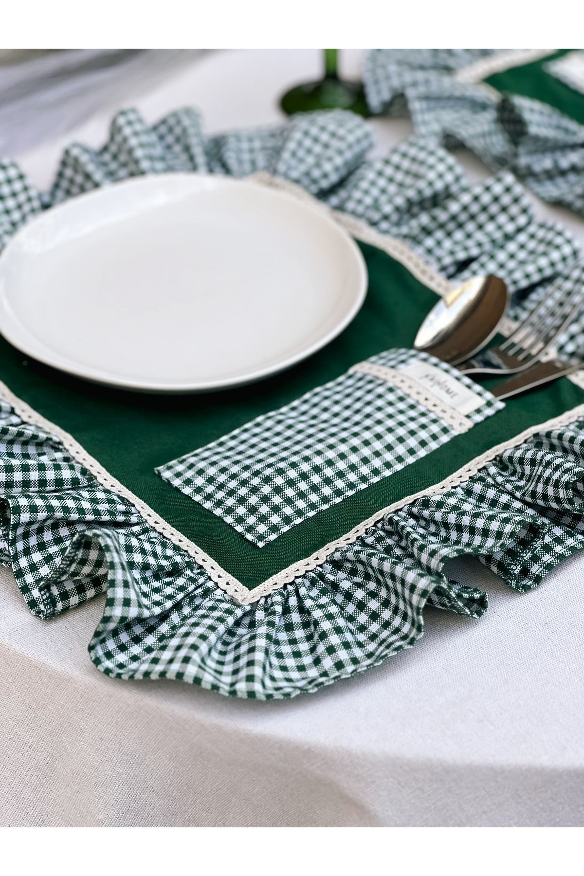 Cepli Ham Keten Kareli Fırfır Detaylı Amerikan Servis/ Supla 6adet