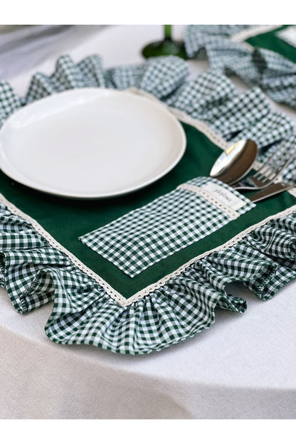 Cepli Ham Keten Kareli Fırfır Detaylı Amerikan Servis/ Supla 6adet