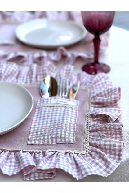 Rosy Cepli Ham Keten Kareli Fırfır Detaylı Amerikan Servis/ Supla 2ADET