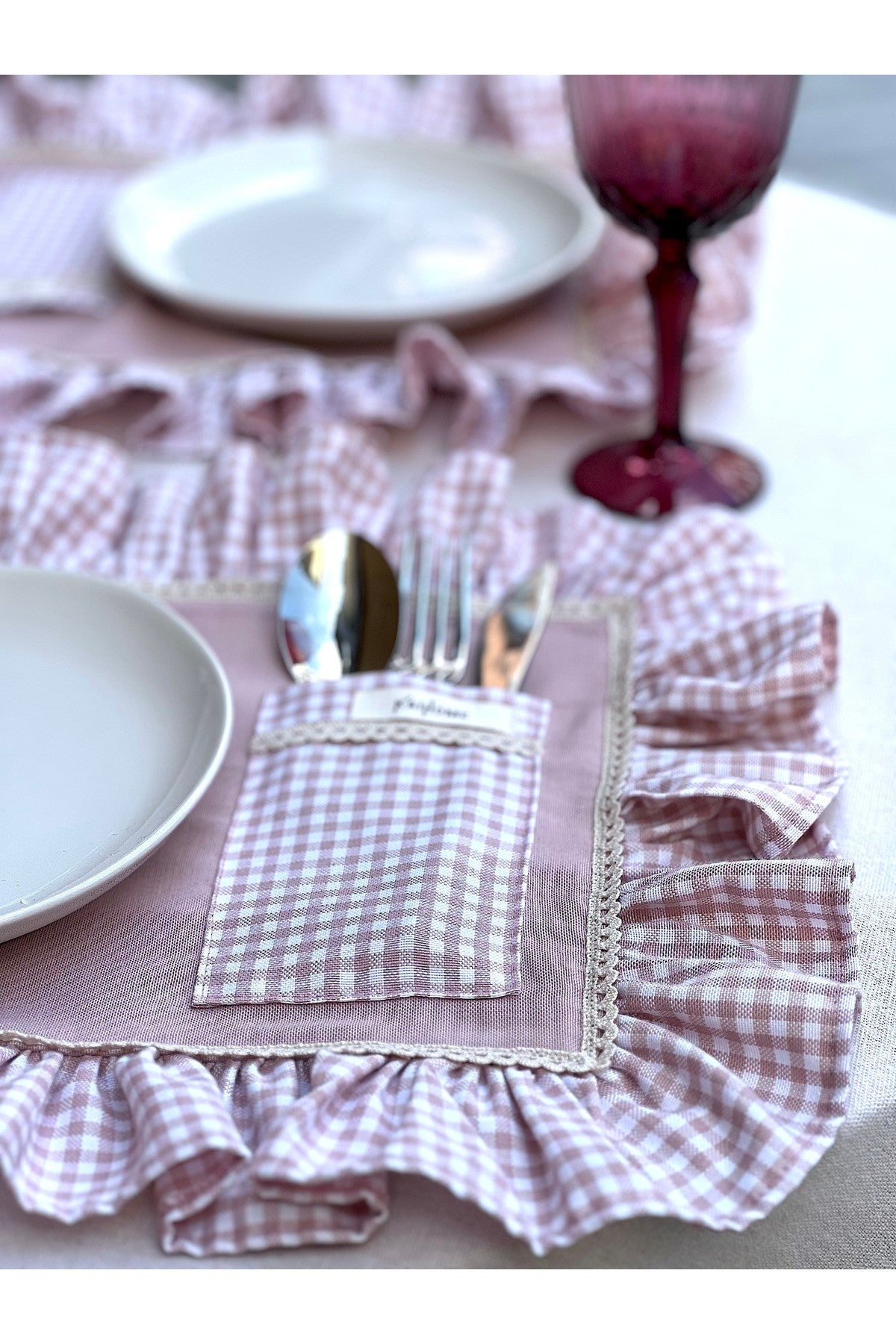 Rosy Cepli Ham Keten Kareli Fırfır Detaylı Amerikan Servis/ Supla 2ADET