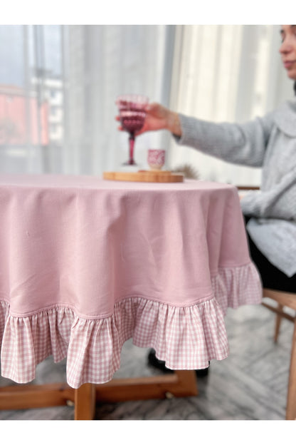 Rosy Keten Fırfırlı Yuvarlak Masa Örtüsü 100X100CM