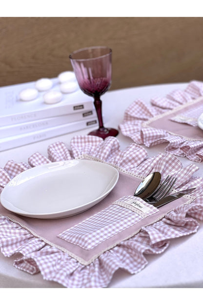 Rosy Cepli Ham Keten Kareli Fırfır Detaylı Amerikan Servis/ Supla 2ADET