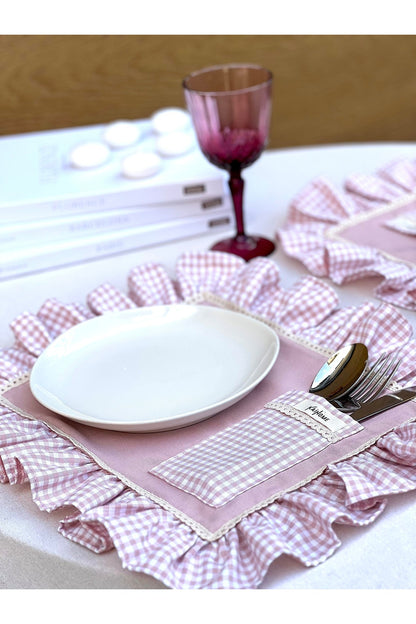 Rosy Cepli Ham Keten Kareli Fırfır Detaylı Amerikan Servis/ Supla 2ADET