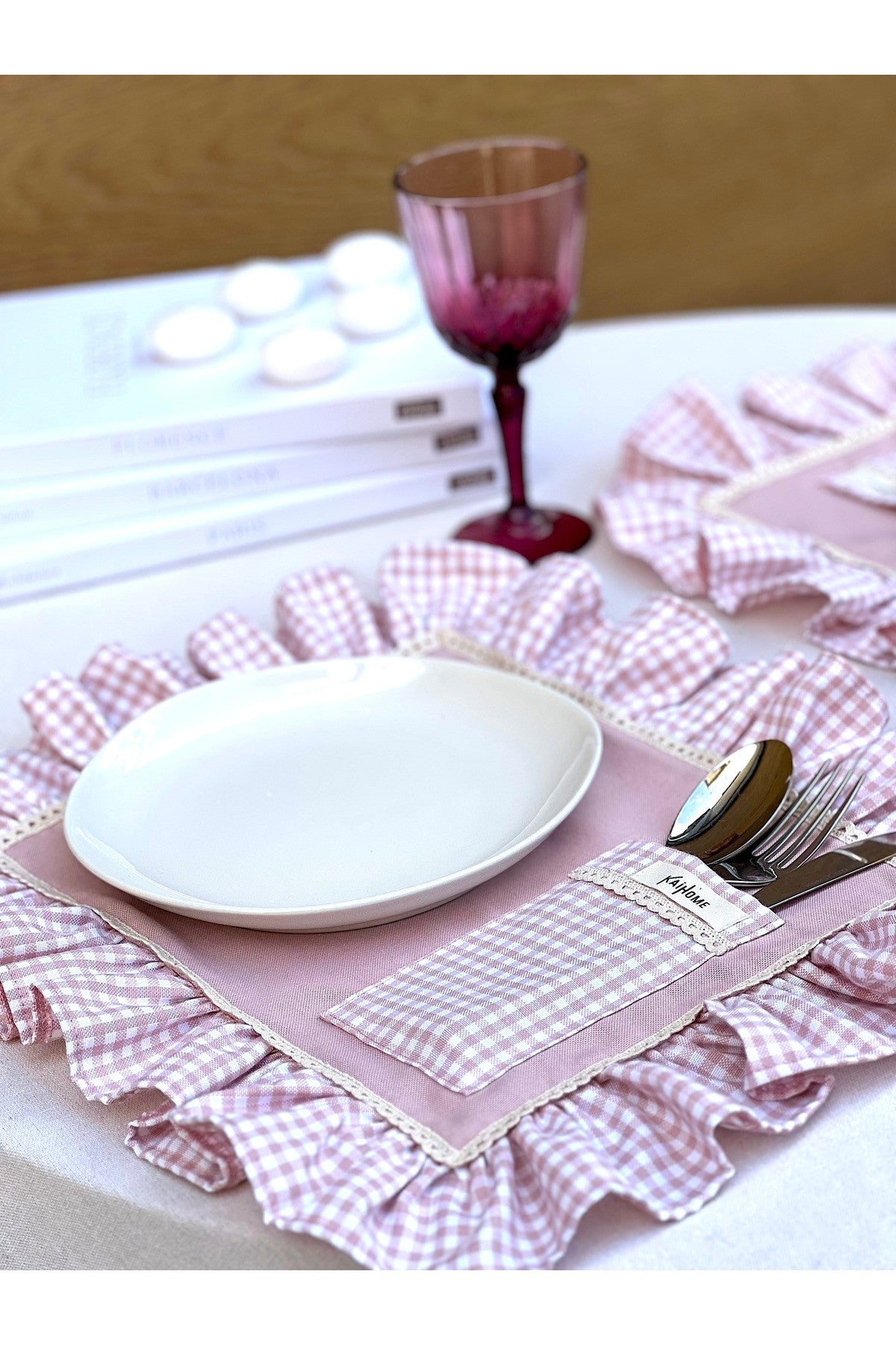 Rosy Cepli Ham Keten Kareli Fırfır Detaylı Amerikan Servis/ Supla 2ADET