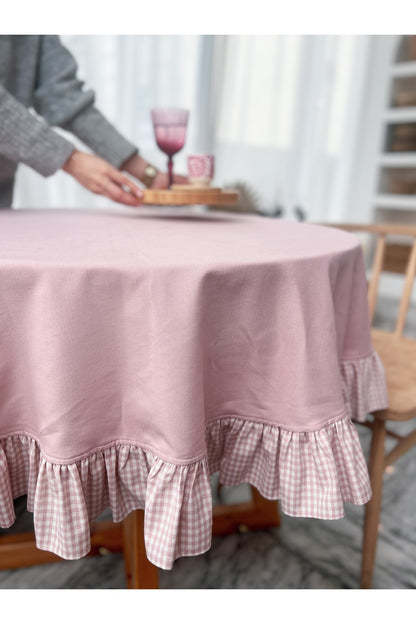 Rosy Keten Fırfırlı Yuvarlak Masa Örtüsü 100X100CM