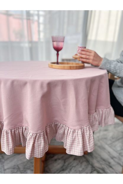 Rosy Keten Fırfırlı Yuvarlak Masa Örtüsü 100X100CM