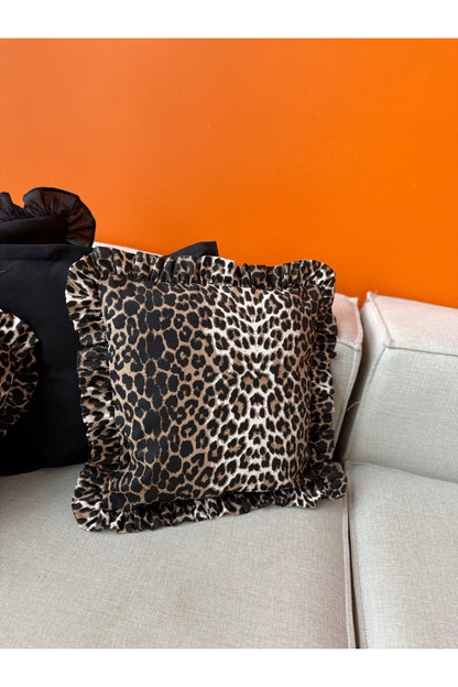 Leopard Kare Keten Fırfırlı Kırlent Kılıfı