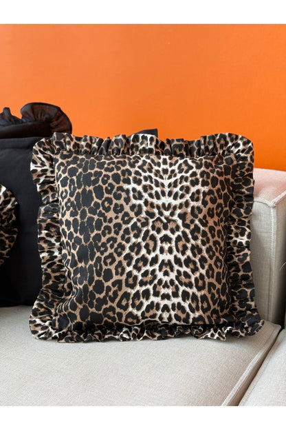 Leopard Kare Keten Fırfırlı Kırlent Kılıfı