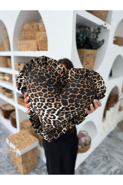 Leopard Kalp Fırfırlı Keten Iç Dolgulu Yastık / Kırlent 40cm