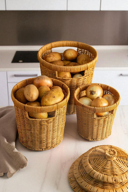 3’lü Rattan Patates Soğan Sarımsak Sepeti Seti – Kapaklı Dekoratif Sebzelik & Düzenleyici